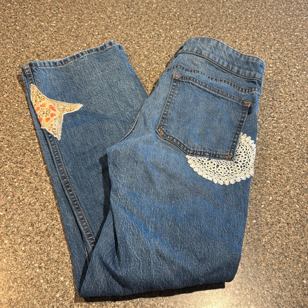 Pilcro Blue and White Straight Leg Jeans with Lace Accents